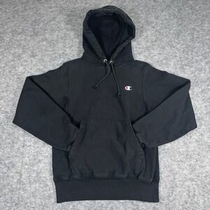 Champion Reverse Weave Hoodie Black Good Pullover Sweatshirt Mens XS